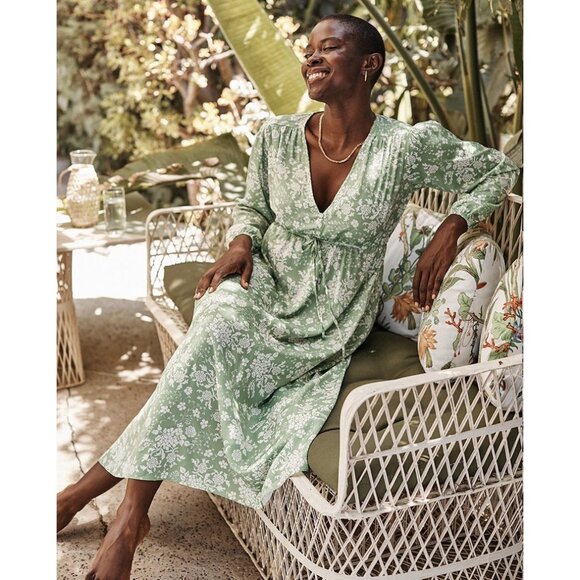 summersalt Dresses & Skirts - Summersalt Cinched Waist Caftan Dress XL Floral Green Ivy Long Midi V-Neck